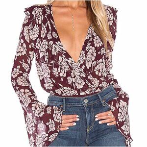 Band Of Gypsies Blouse Top Bodysuit XS Burgundy Vintage Floral Long Bell Sleeve
